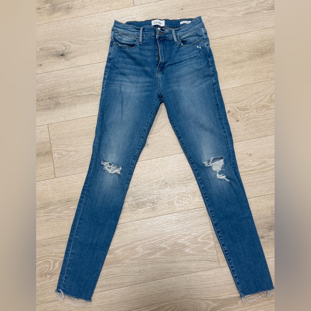 Frame Denim Blue Distressed Skinny Jeans